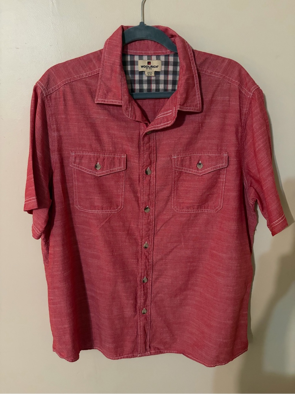 Woolrich Men's Red Short-Sleeve Button-Down Shirt with Chest Pockets